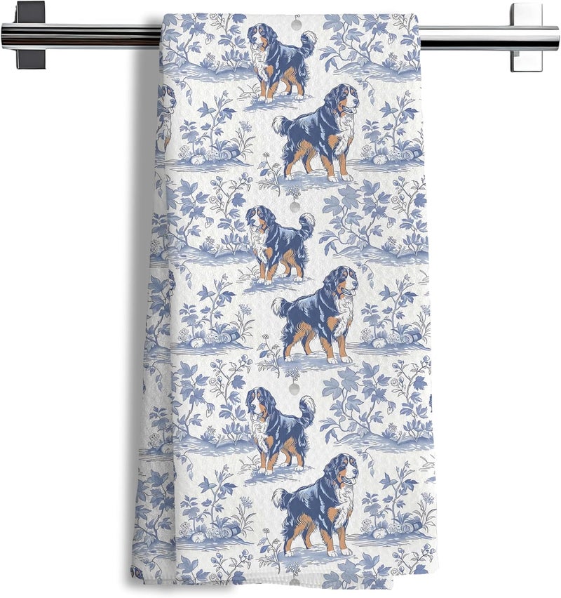 Nipil Chinoiserie Bernese Mountain Dog Kitchen Towels, Bernese Mountain Gifts, Grandmillennial Botanical Dog Hand Towels for Kitchen Bathroom, 16x24 Inch - Image 1